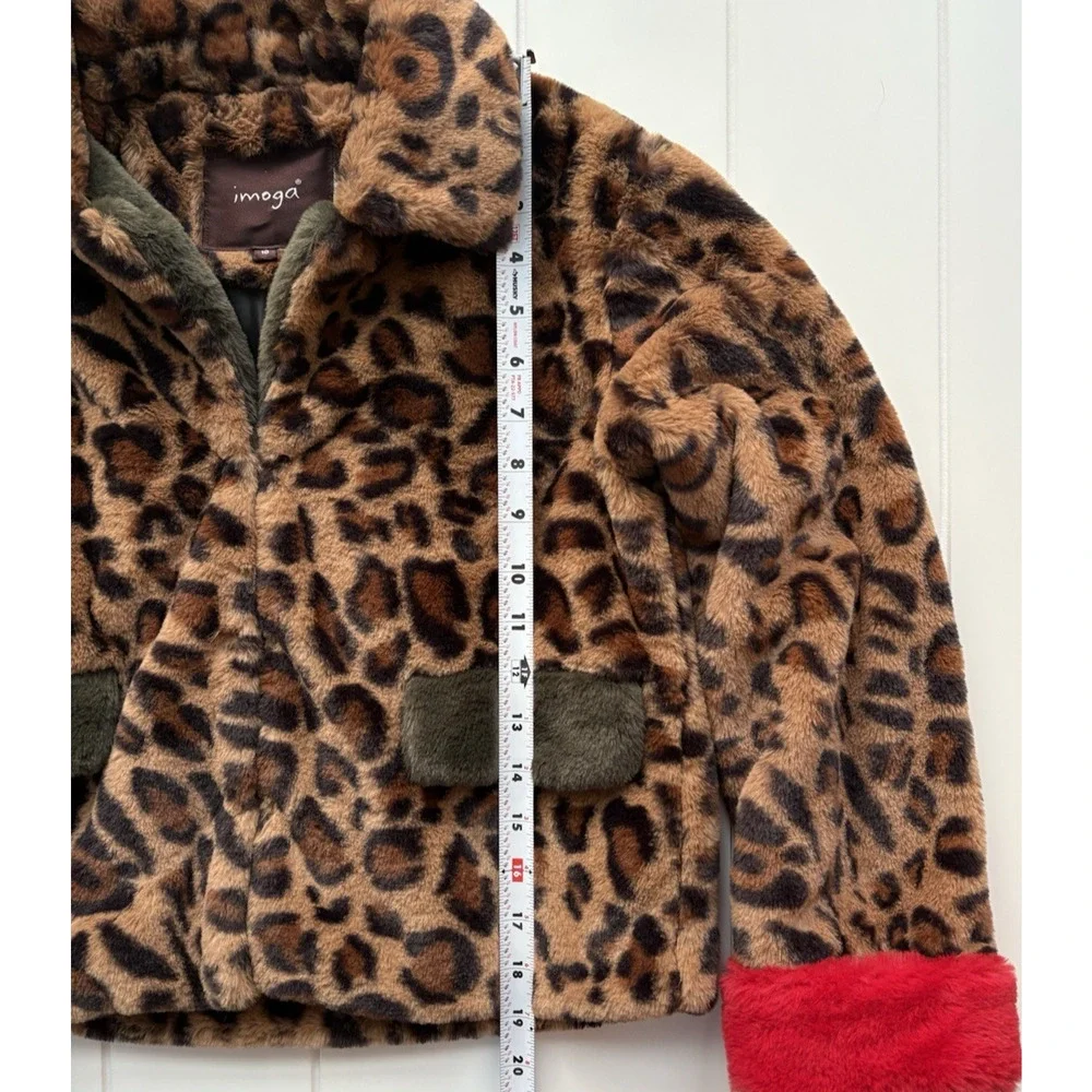 IMOGA Emma Leopard Faux Fur Coat Girls Size 10 Animal Print Jacket Red Trim